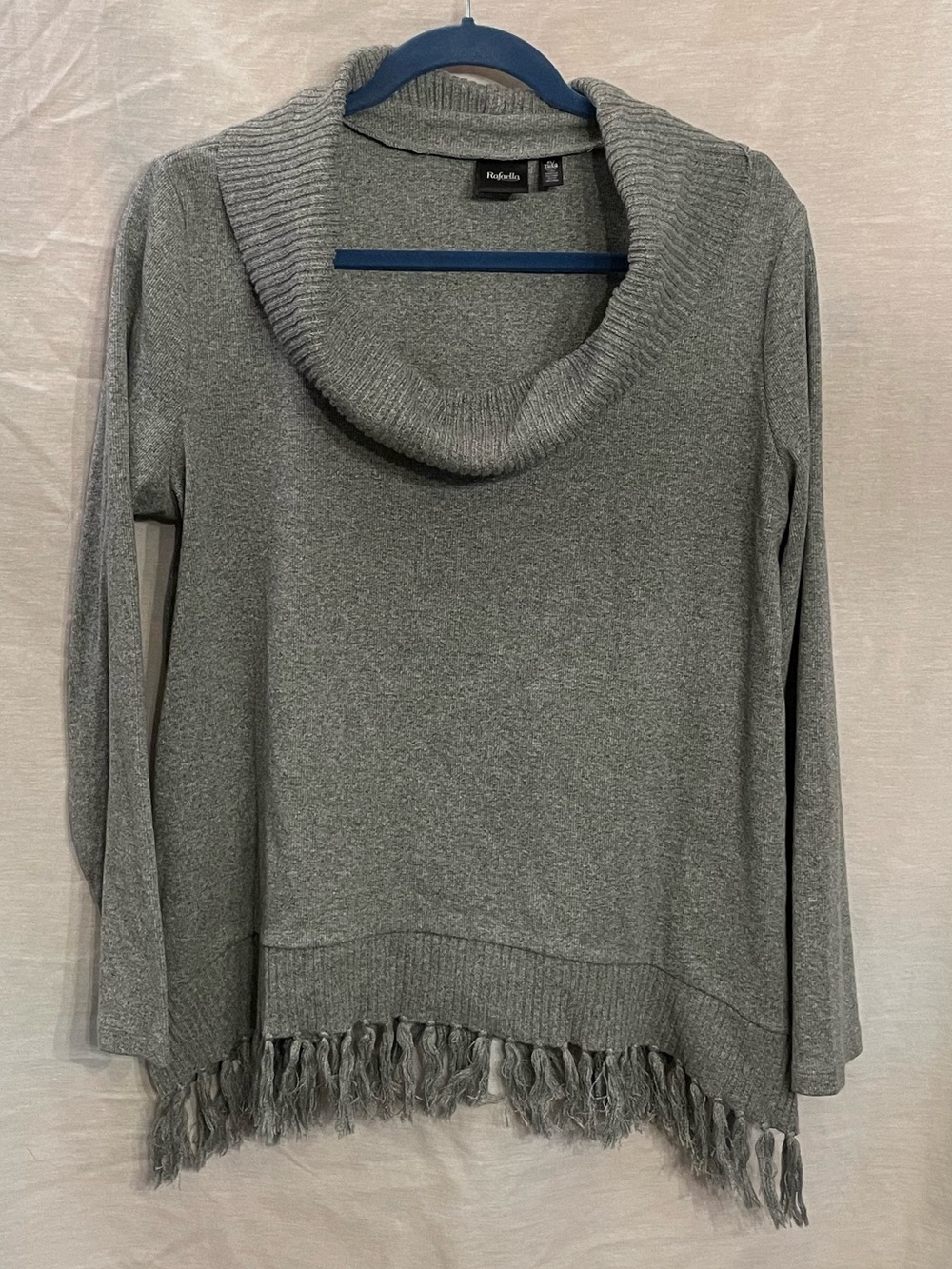 Women's Rafaella Gray Cowl Neck Fringe Hem Sweater